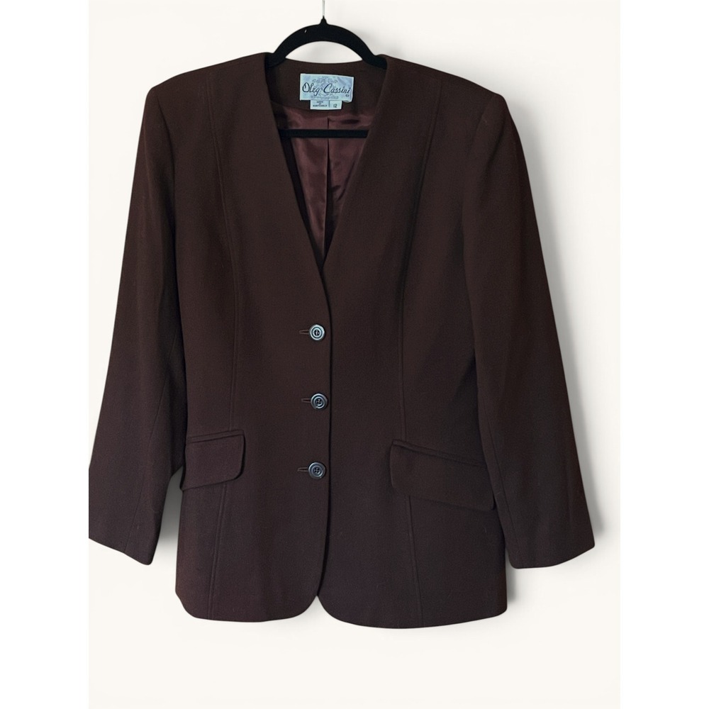 Vintage Oleg Cassini Brown Wool Collarless Blazer 90s Power Dressing Era Size 12